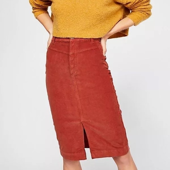 Free People Rosemary Corduroy Pencil Skirt In Terracotta Orange Women's Size 29 - Picture 1 of 8